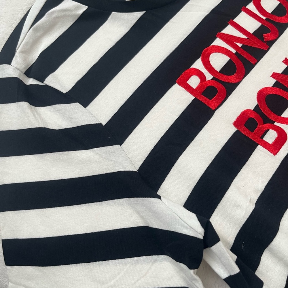 New Karl Lagerfeld Black and White Striped Tee with Red Bonjour - Picture 4 of 7